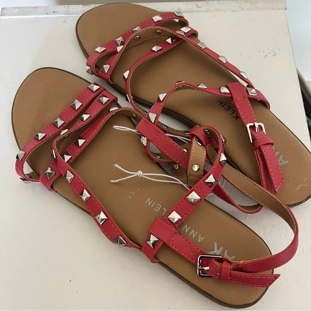 Like New Anne Klein Talulah Coral Pink Studded Flat Gladiator Sandals Sz 8.5 - Picture 6 of 9